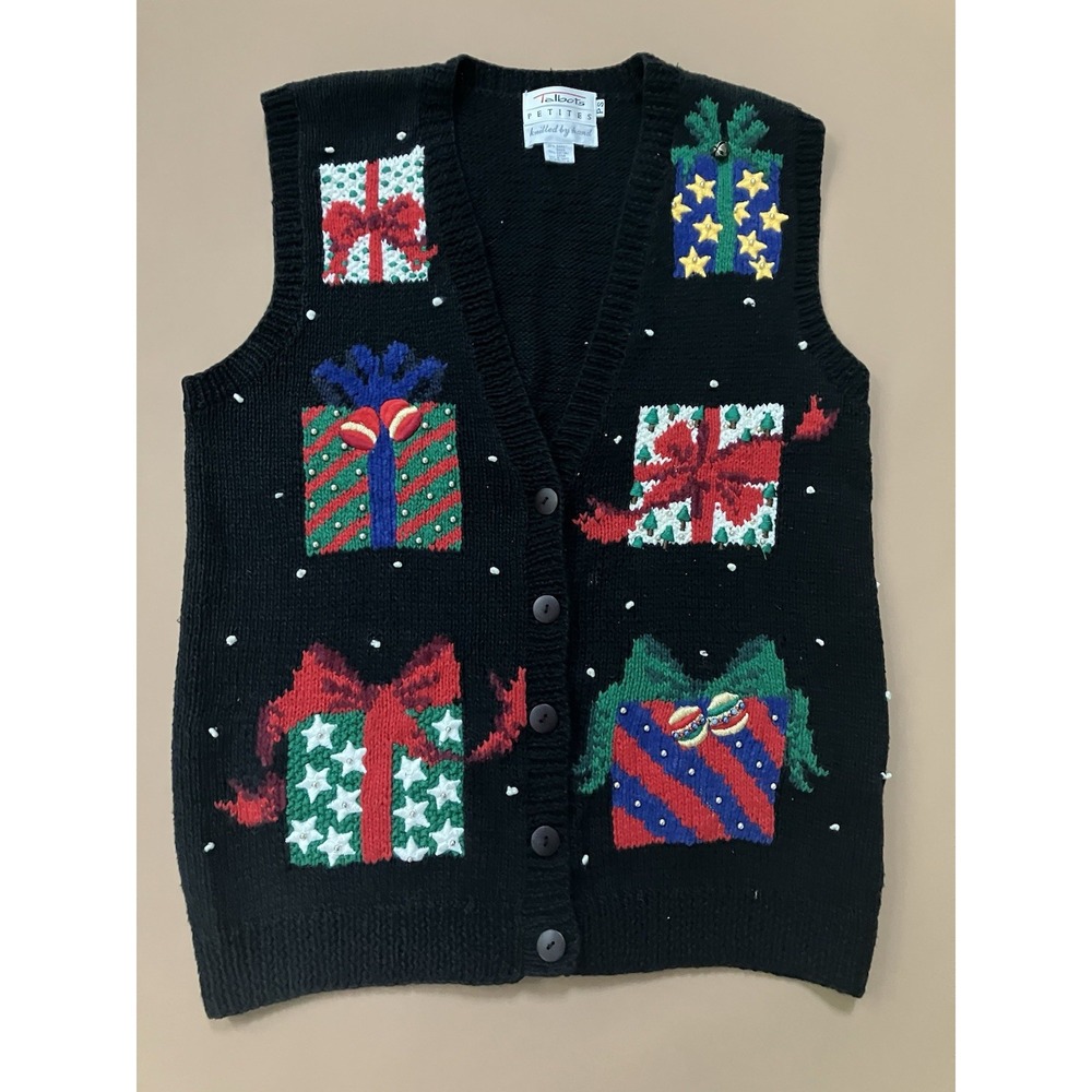 Talbots Christmas Sweater Vest Womens Presents Hand Knit Petite Small PS